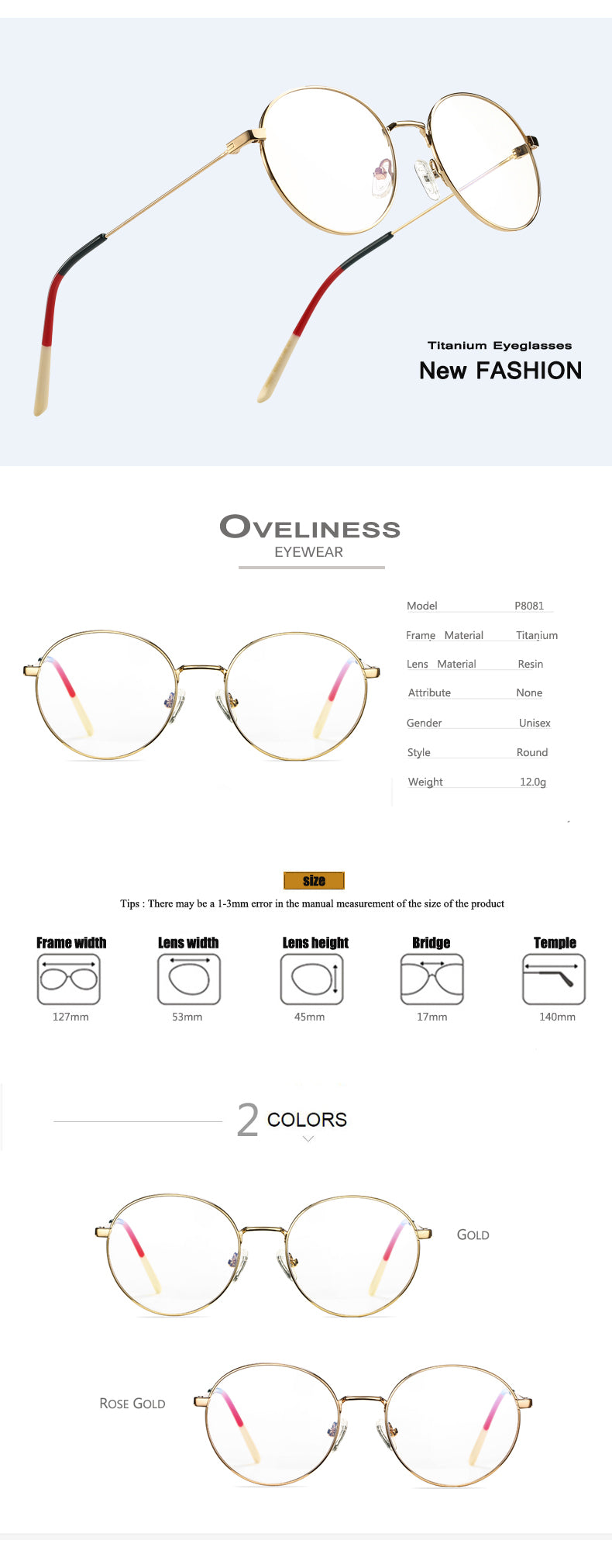Oveliness Unisex Full Rim Round Titanium Eyeglasses P8081 Full Rim Oveliness   
