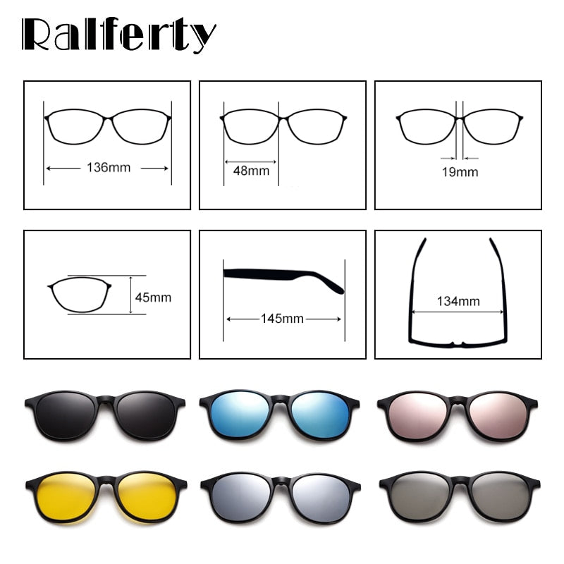 Ralferty 6 In 1 Magnet Sunglasses Women Polarized Eyeglass Frame With Clip On Glasses Men Round Uv400 Tr90 3D Yellow A2245 With Clip Ons Ralferty   