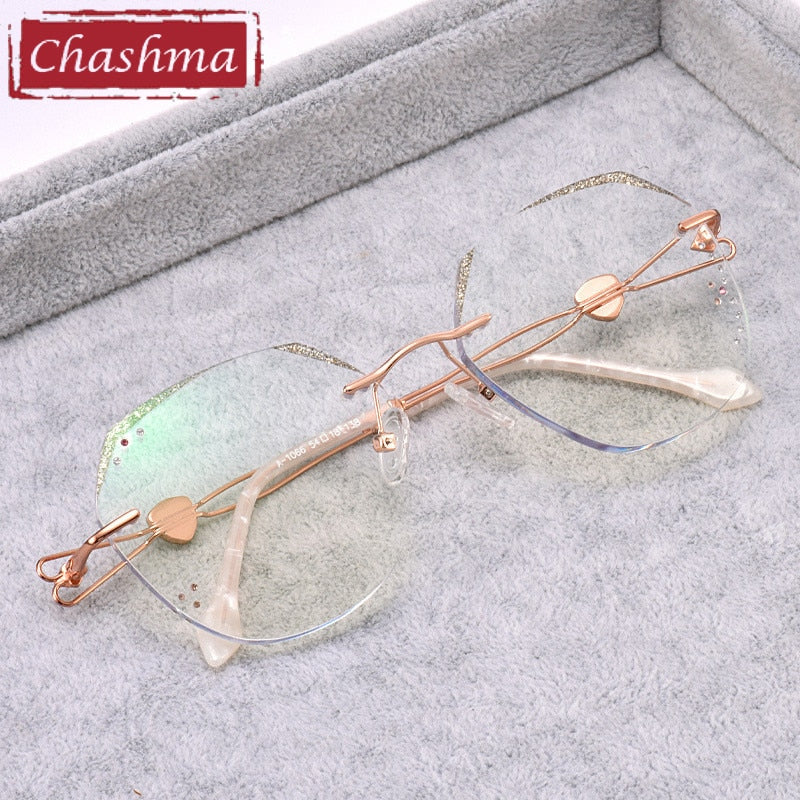 Women's Transparent Lens Diamond Trimmed Rimless Titanium Frame Eyeglasses 1066 Rimless Chashma   