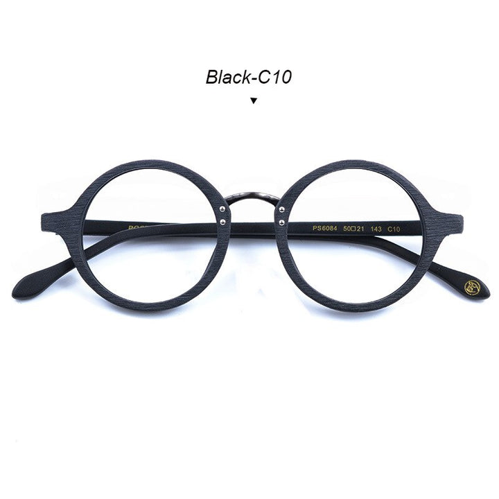 Hdcrafter Men's Full Rim Round Metal Wood Frame Eyeglasses Ps6084 Full Rim Hdcrafter Eyeglasses Black-C10  