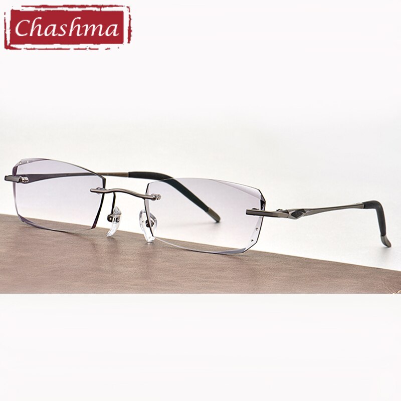 Men's Rectangle Diamond Trimmed Rimless Titanium Frame Eyeglasses 8193 Rimless Chashma A Gray  