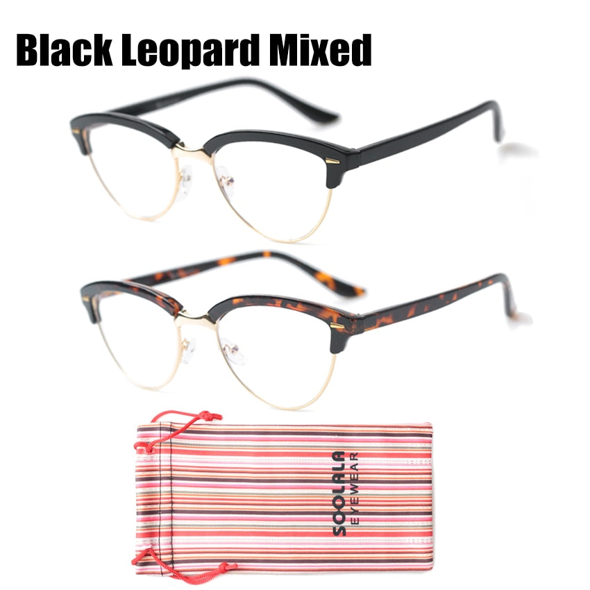 Women's Cat Eye Semi Rim Anti Blue Light Eyeglasses 6-42-337A Frame Soolala Black Leopard Mix  