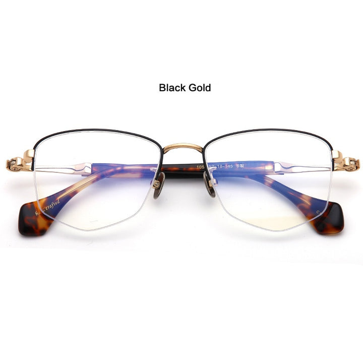 Muzz Unisex Semi Rim Square Hand Crafted Titanium Acetate Frame Eyeglasses M1056 Semi Rim Muzz Black Gold  