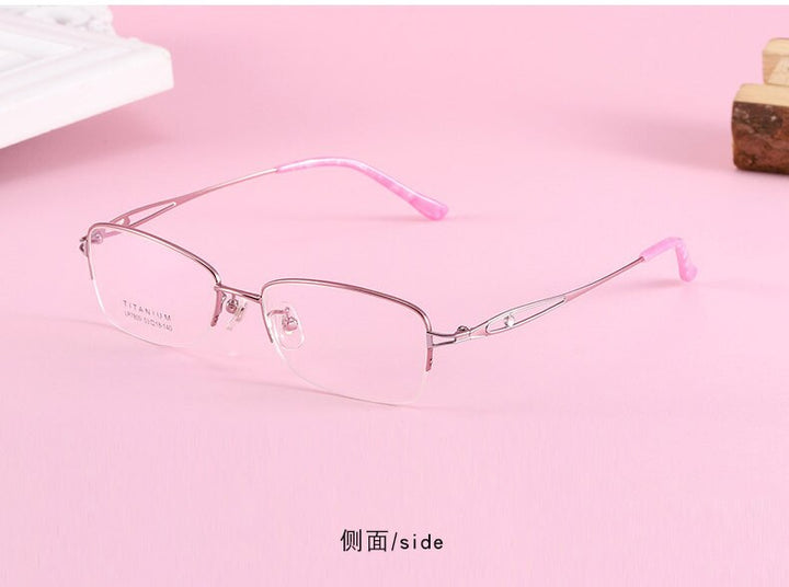 Women's Oval Hollow Titanium Semi Rim Eyeglasses Lr7809 Semi Rim Bclear pink silver  