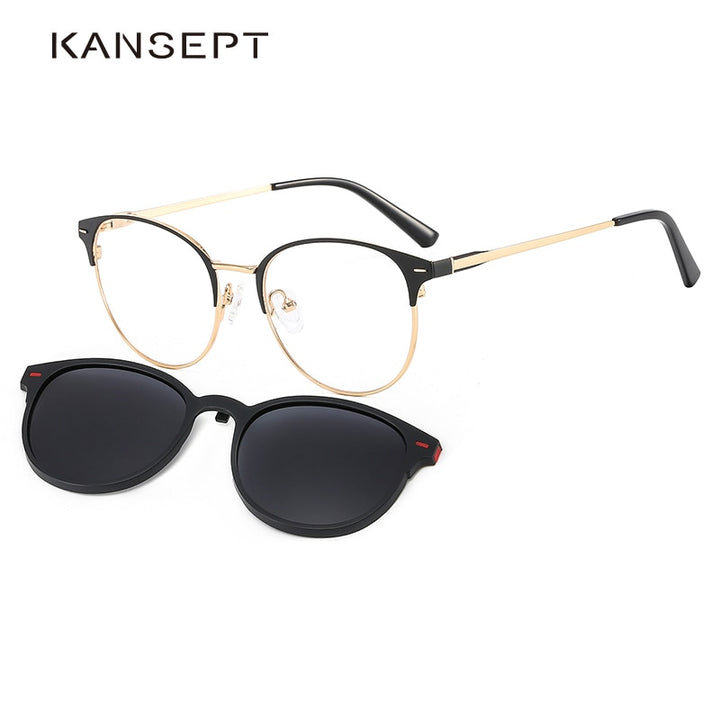 Kansept Women's Full Rim Round Alloy Frame Eyeglasses Magnetic Polarized Clip On Sunglasses T3520 Clip On Sunglasses Kansept   