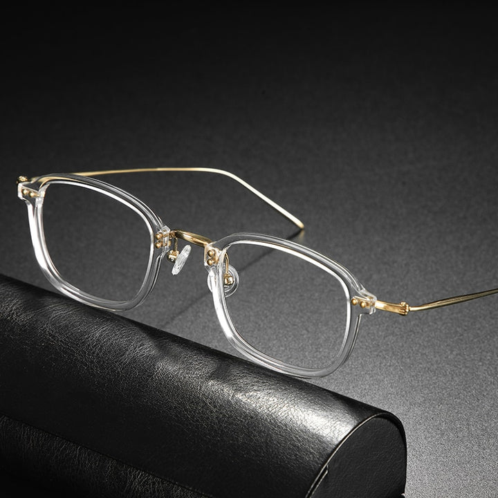 Gatenac Unisex Full Rim Square Acetate Titanium Frame Eyeglasses Gxyj547 Full Rim Gatenac Transparent Gold  