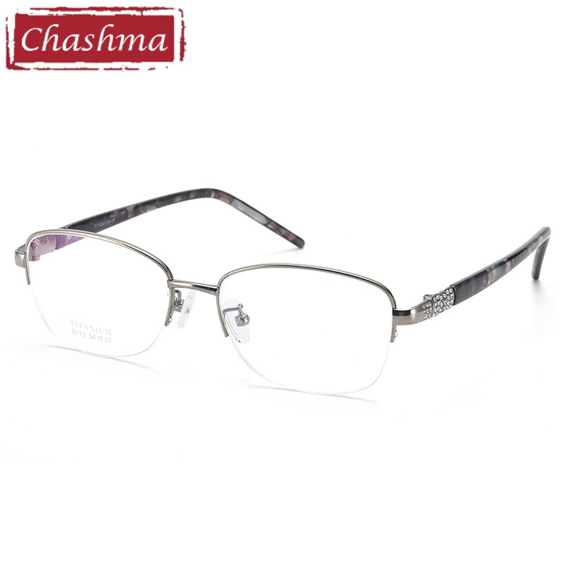 Women's Oval Titanium Frame Jewelled Eyeglasses 9113 Frame Chashma Gray  