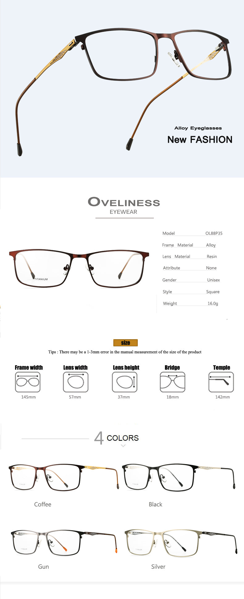 Oveliness Men's Ful Rim Square Screwless Titanium Alloy Eyeglasses Ol88p35 Frame Oveliness   
