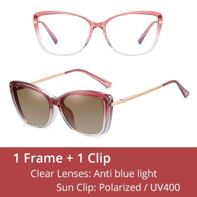 Ralferty Women's Full Rim Square Cat Eye Acetate Eyeglasses With Polarized Clip On Sunglasses D95335 Clip On Sunglasses Ralferty C5 Pink  