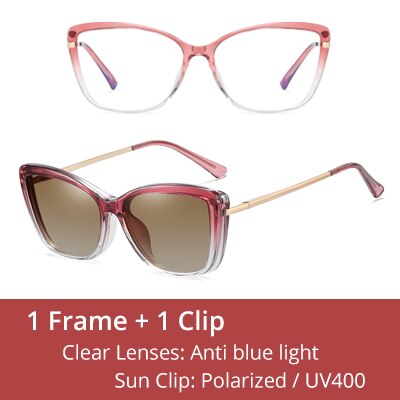 Ralferty Women's Full Rim Square Cat Eye Acetate Eyeglasses With Clip On Sunglasses D95335 With Clip Ons Ralferty C5 Pink  