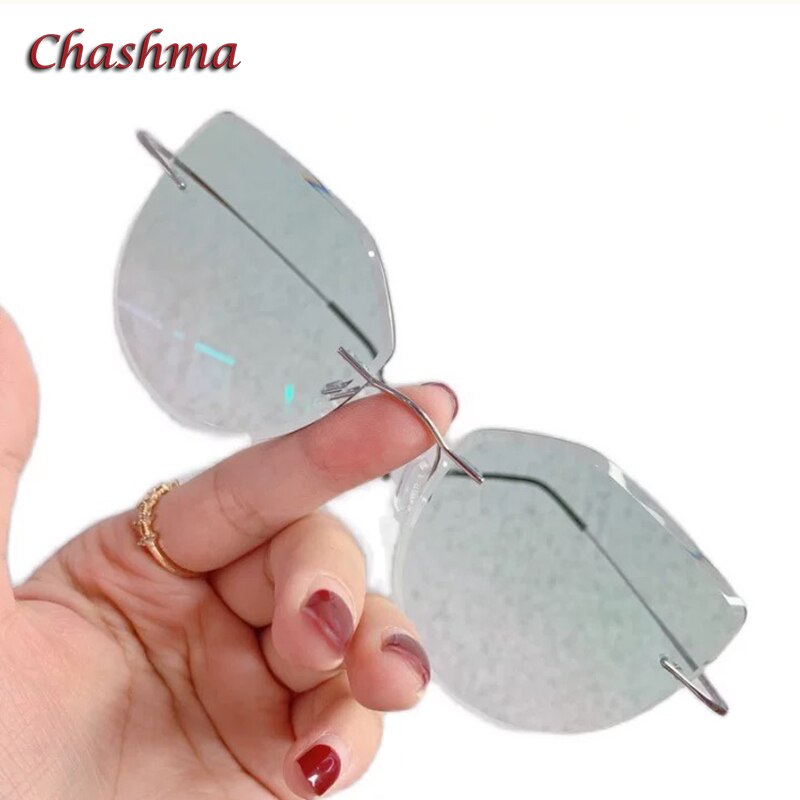 Chashma Ochki Women's Rimless Square Cat Eye Titanium Eyeglasses 6074 Tinted Lenses Rimless Chashma Ochki Silver Green  
