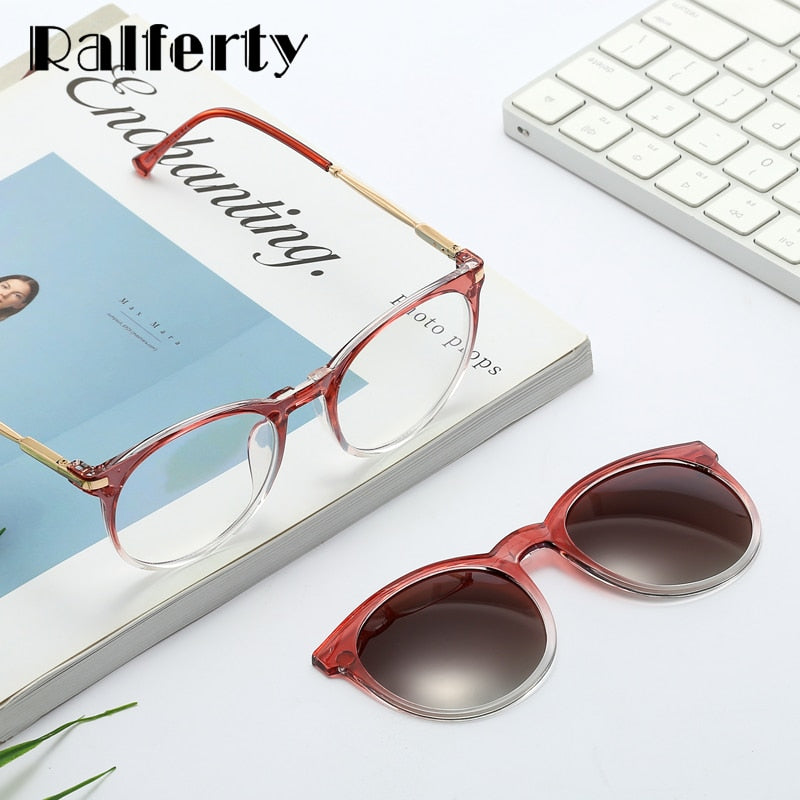 Ralferty Women's Full Rim Round Acetate Eyeglasses With Clip On Sunglasses F95975 With Clip Ons Ralferty   