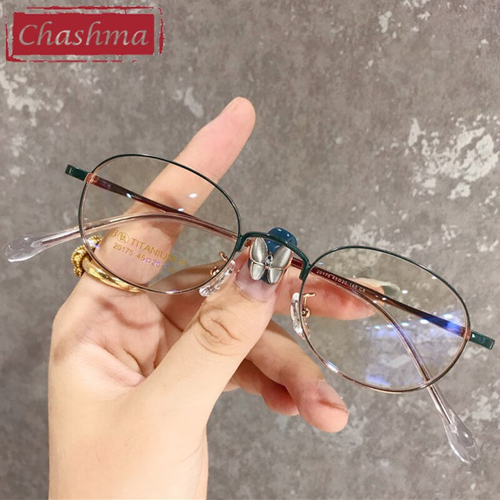 Unisex Oval Titanium Frame Ultra Thin Eyeglasses 20175 Frame Chashma Gold Green  
