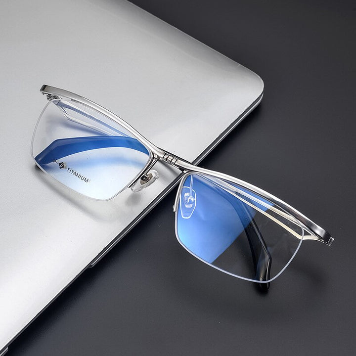 Muzz Men's Semi Rim Square Titanium Frame Eyeglasses T18044 Semi Rim Muzz Silver  