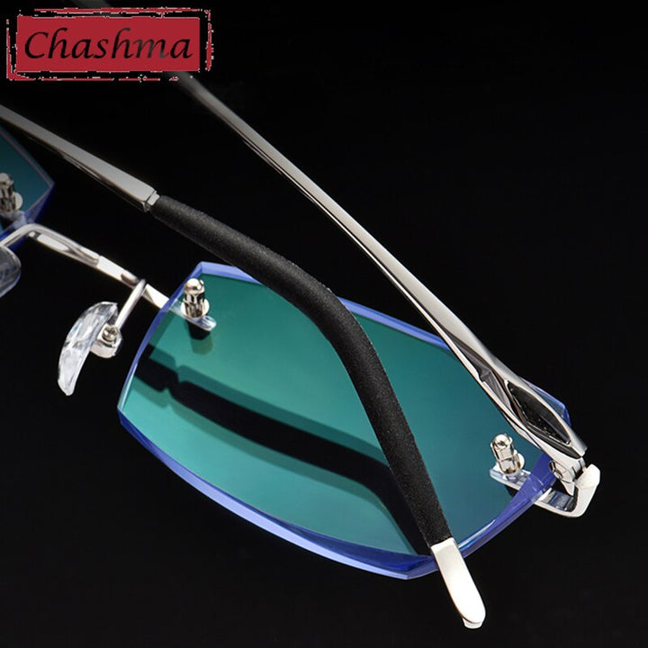 Men's Rectangle Diamond Trimmed Rimless Titanium Frame Eyeglasses 8193 Rimless Chashma   