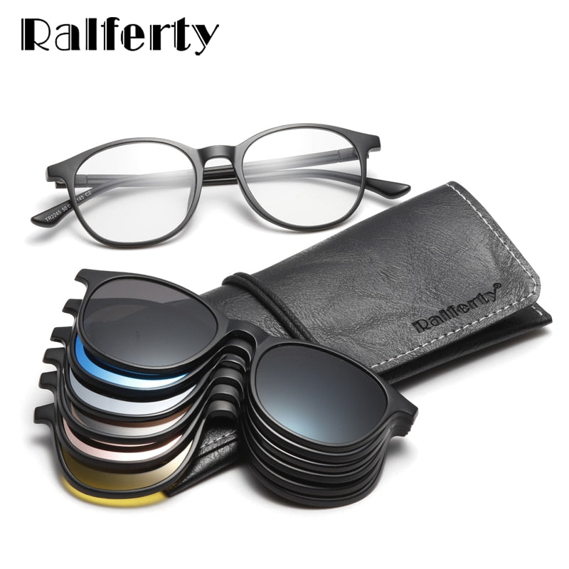Ralferty Women's Full Rim Round Tr 90 Eyeglasses With 6 Clip On Sunglasses A2245 With Clip Ons Ralferty   
