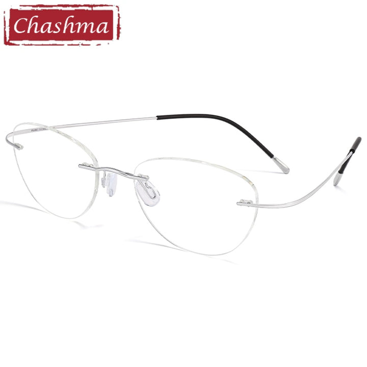 Unisex Rimless Titanium Cat Eye Frame Diamond Cut Tinted Lens Eyeglasses 8041 Rimless Chashma Silver  
