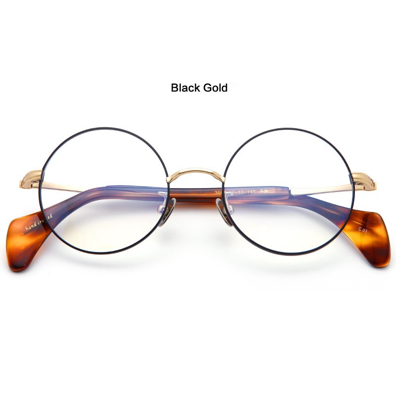 Muzz Unisex Full Rim Round Hand Crafted Titanium Acetate Frame Eyeglasses M3651 Full Rim Muzz Black Gold  