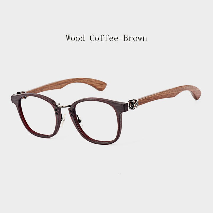 Hdcrafter Unisex Full Rim Round Wood Temple Eyeglasses 7473d Full Rim Hdcrafter Eyeglasses Wood Coffee-Brown  