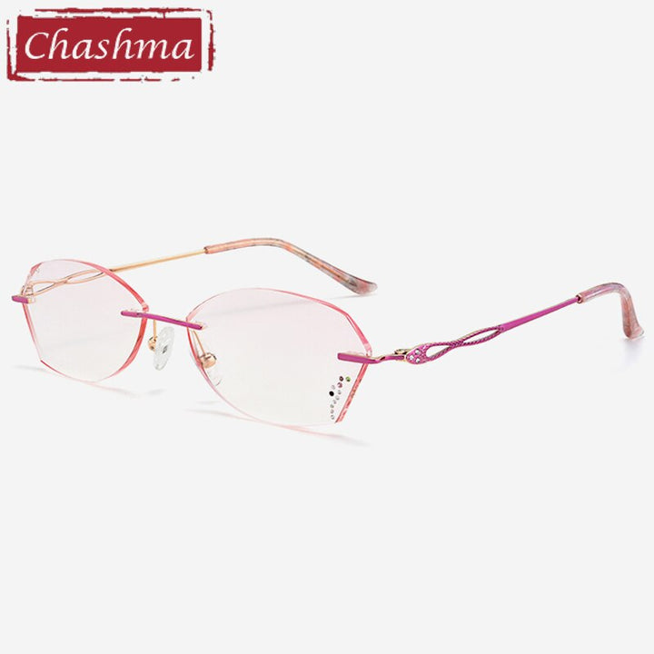 Women's Rimless Rhinestone Titanium Diamond Cut Tinted Lens Eyeglasses 99111 Rimless Chashma Pink  