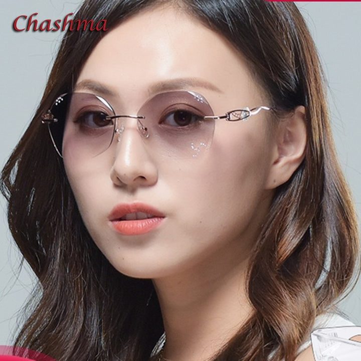 Chashma Ochki Women's Rimless Round Titanium Eyeglasses Gradient Tinted Demo Diamond Cut Lenses 007 Rimless Chashma Ochki   