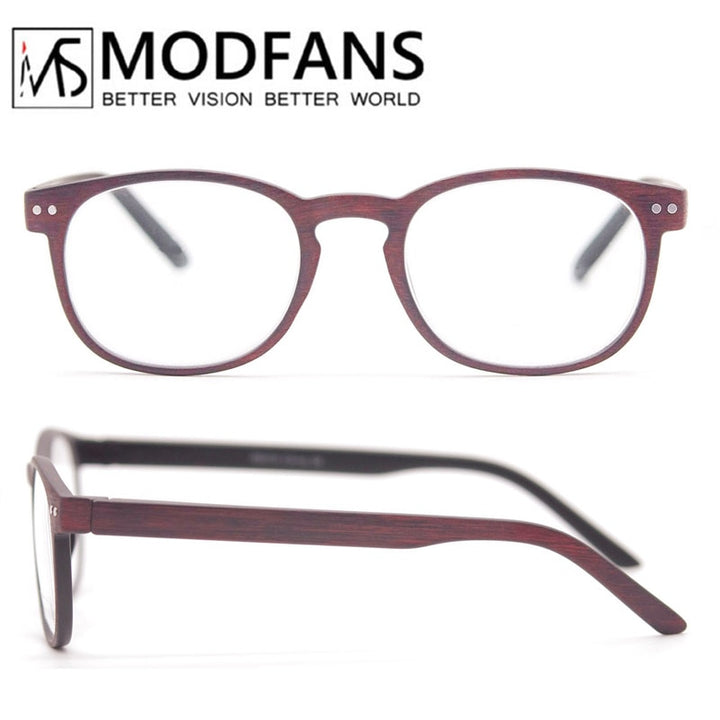 Modfans Round Reading Glasses Women Men Wood Pattern Frame Eyeglasses Light Diopter Sight Magnifier Reading Glasses Modfans Wooden Bur C3 +100 