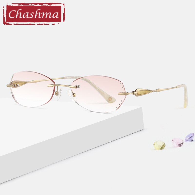 Chashma Ottica Women's Rimless Rectangle Cat Eye Titanium Eyeglasses Tinted Lenses 8108 Rimless Chashma Ottica Gold with Brown  