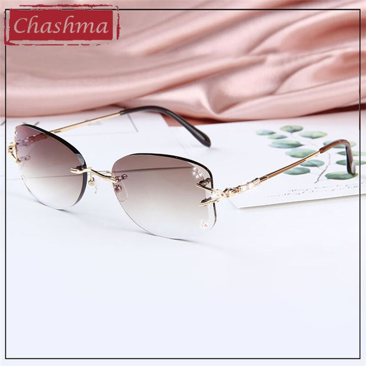 Women's Rimless Titanium Frame Diamond Trimmed Tinted Eyeglasses 1006 Rimless Chashma Gold  