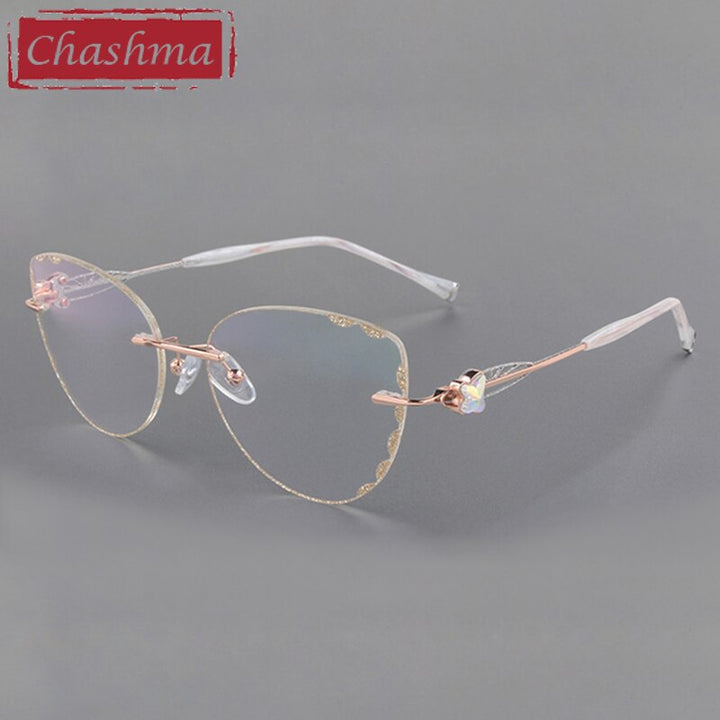 Women's Eyeglasses Butterfly Titanium Diamond Trimmed Rimless 88051 Rimless Chashma   
