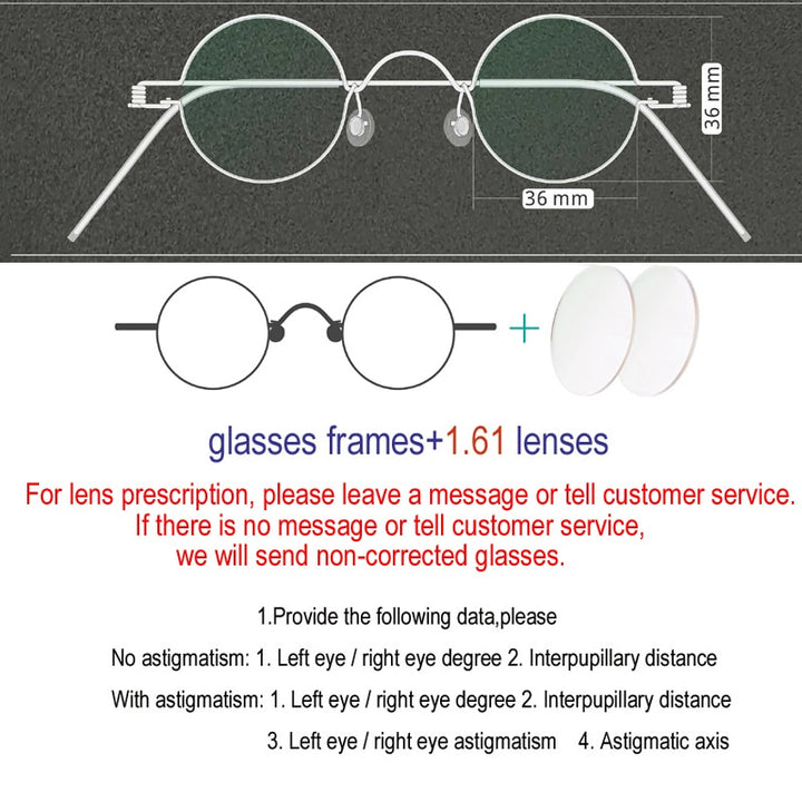 Unisex Handcrafted Small Round Eyeglasses Customizable Lenses Frame Yujo 36mm 1.61 Index Single Vision China 