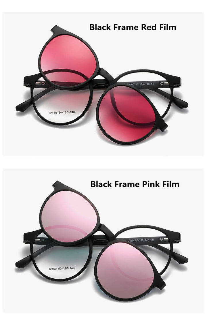 KatKani Unisex Full Rim TR 90 Round Frame Eyeglasses + 5  Magnetic Polarized Sunglasses K12160 Sunglasses KatKani Eyeglasses   