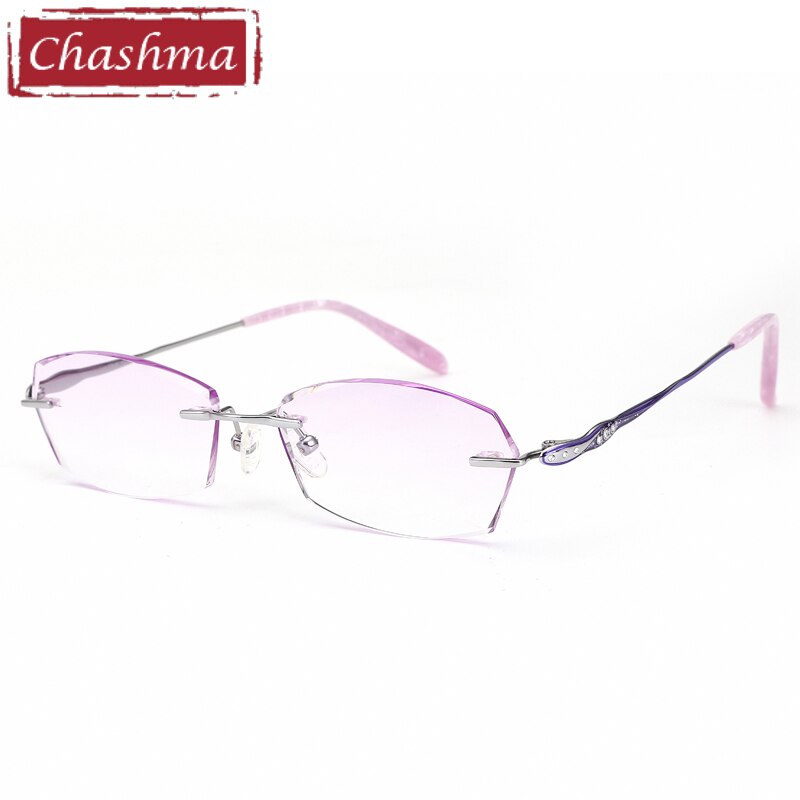 Women's Rectangular Diamond Rimless Titanium Frame Eyeglasses 9065 Rimless Chashma Purple  