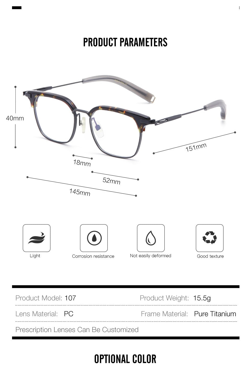 Muzz Men's Full Rim Square Titanium Acetate Frame Eyeglasses 107 Full Rim Muzz   