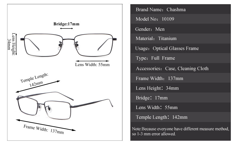 Chashma Men's Full Rim Square Titanium Frame Eyeglasses 10109 Full Rim Chashma   