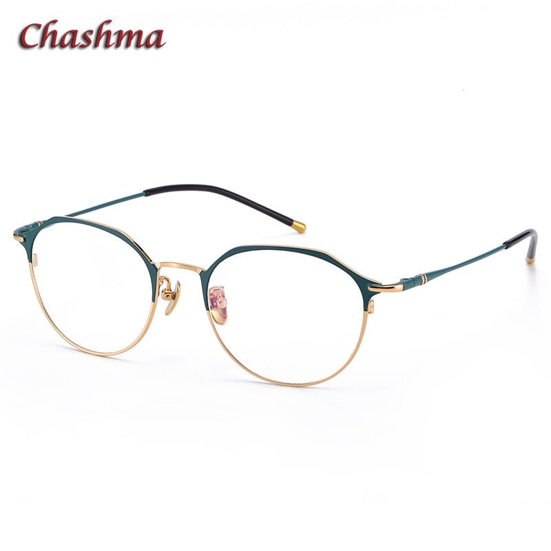 Chashma Ochki Unisex Full Rim Irregular Round Titanium Eyeglasses 6105 Full Rim Chashma Ochki Green Gold  