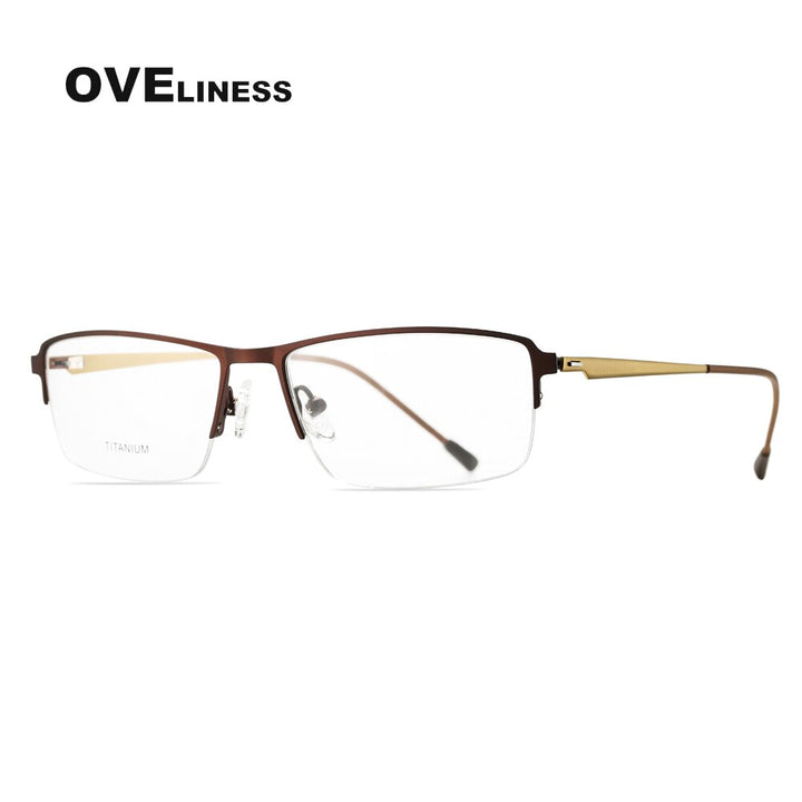 Oveliness Men's Semi Rim Square Screwless Titanium Alloy Eyeglasses Semi Rim Oveliness coffee  