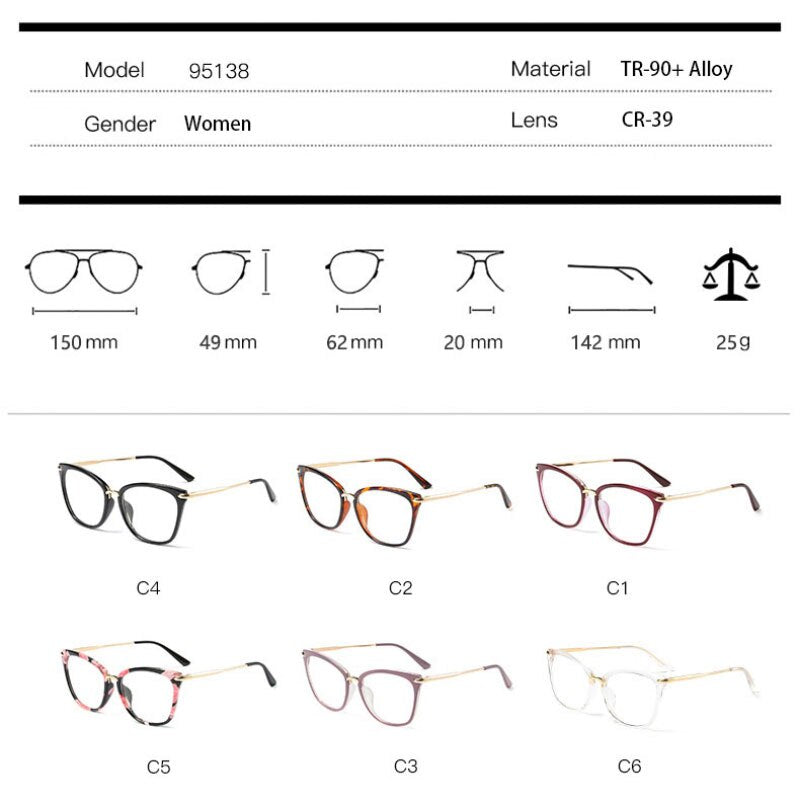 Hotony Women's Full Rim Cat Eye TR 90 Resin Alloy Frame Eyeglasses 95138 Full Rim Hotony   