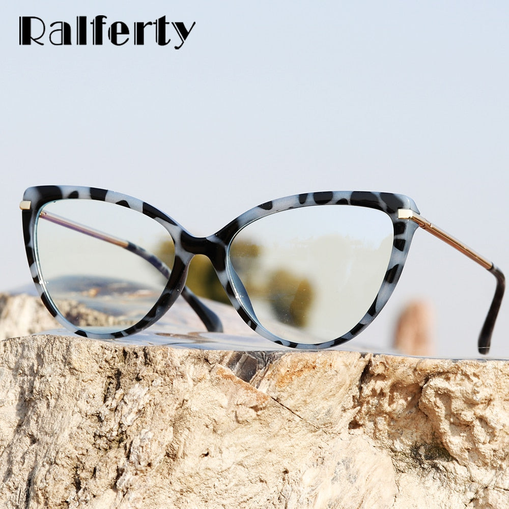 Ralferty Glasses Frame Women's Decorative Anti Blue Eyeglass Frame Cat Eye 0 Degree Full Rim Ralferty   
