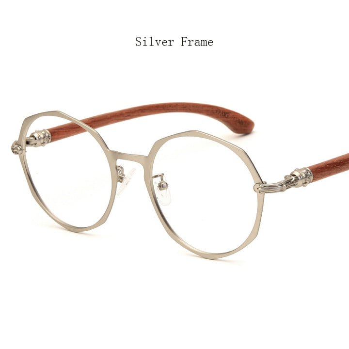 Unisex Eyeglasses Round Wood Temple Metal 7578d Frame Hdcrafter Eyeglasses Silver Frame  