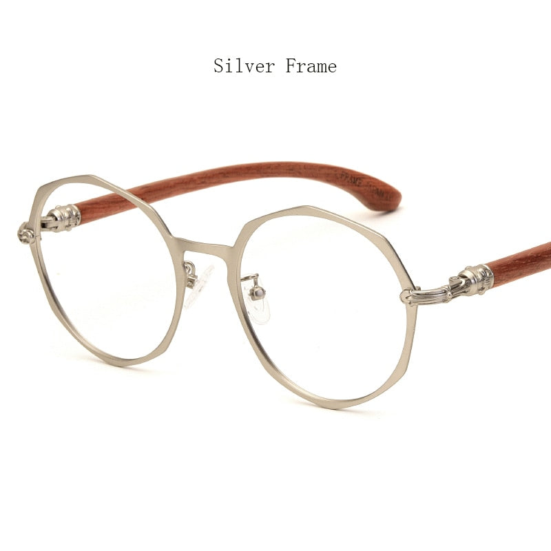 Hdcrafter Unisex Full Rim Round Acetate Alloy Frame Wood Temple Eyeglasses 7578d Full Rim Hdcrafter Eyeglasses Silver Frame  