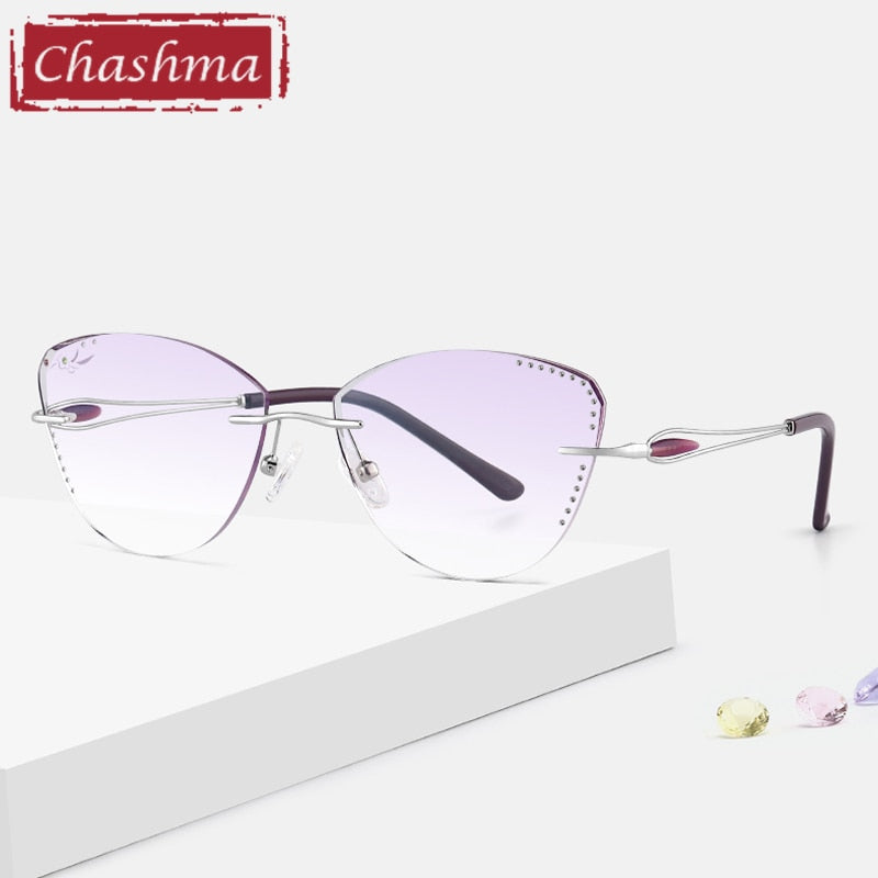 Chashma Ottica Women's Rimless Triangle Cat Eye Titanium Eyeglasses Tinted Lenses 88205 Rimless Chashma Ottica Silver with Blue  