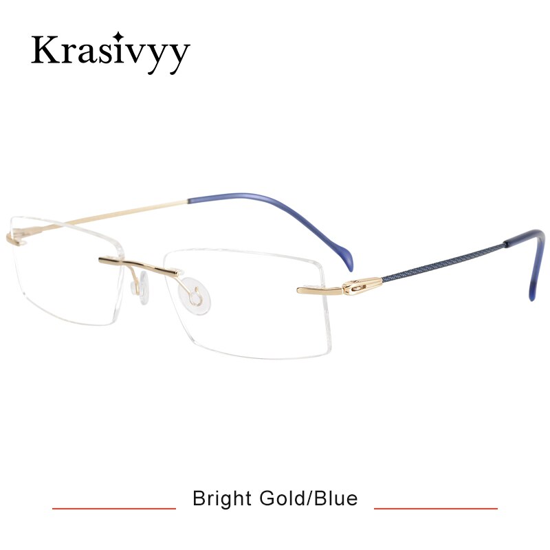 Krasivyy Men's Rimless Square Titanium Eyeglasses Kr16074 Rimless Krasivyy Bright Gold Blue CN 