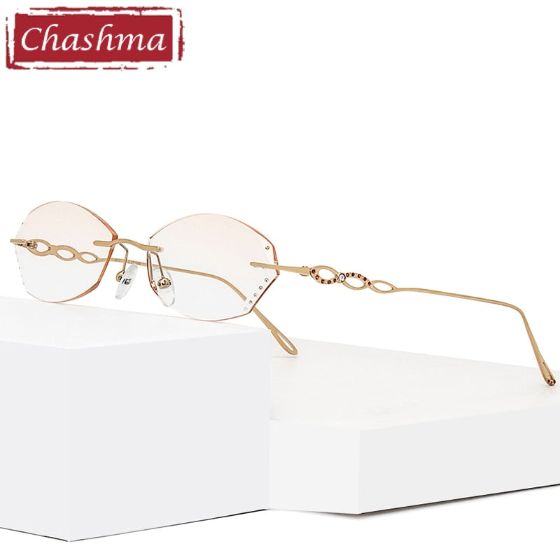 Chashma Women's Eyeglasses Rimless Gold Red Titanium Diamond Trimmed Tint Lens Rimless Chashma   