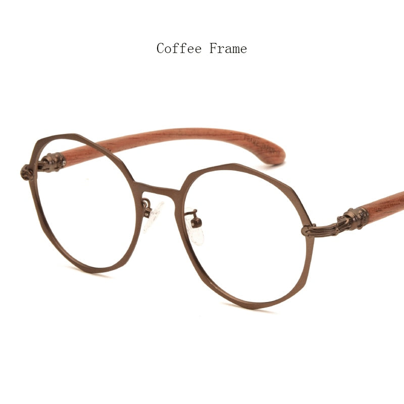 Unisex Eyeglasses Round Wood Temple Metal 7578d Frame Hdcrafter Eyeglasses Coffee Frame  