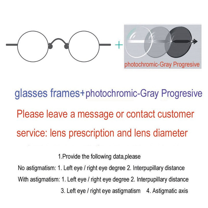 Unisex Handcrafted Optional Circle Diameter Stainless Steel Frame Customizable Lenses Frame Yujo Progressive  1.61 Photochromic Gray  