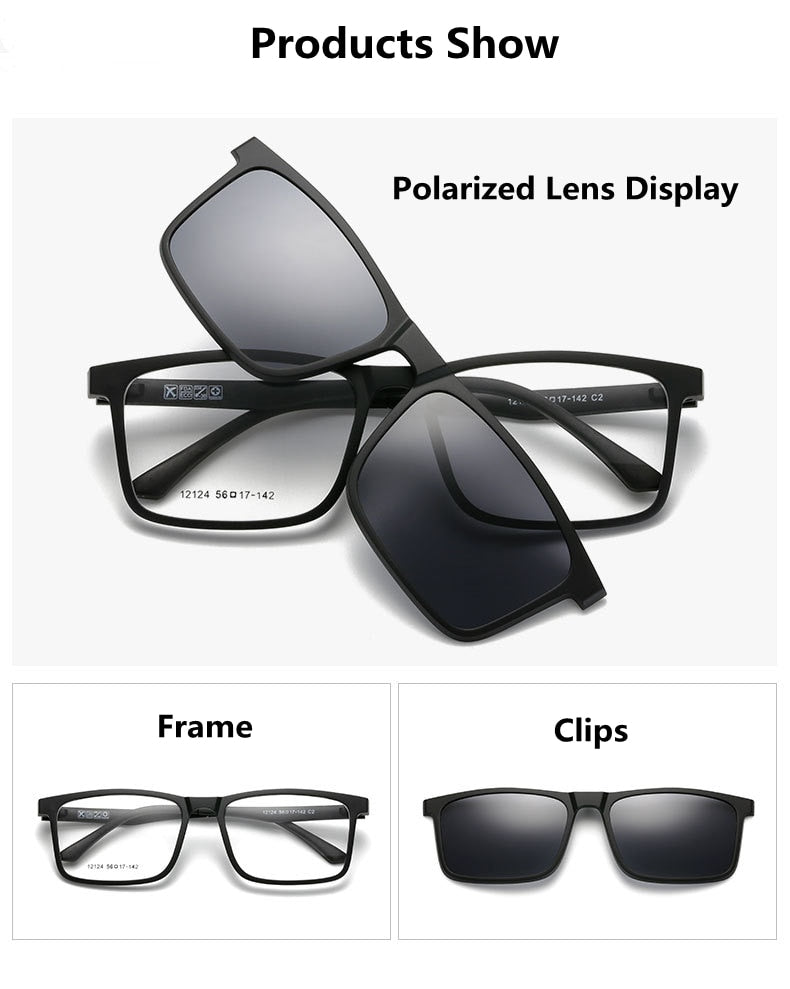 KatKani Unisex Full Rim TR 90 Resin Frame Eyeglass +5 Piece Polarized Magnetic Sunglasses K12124 Clip On Sunglasses KatKani Eyeglasses   