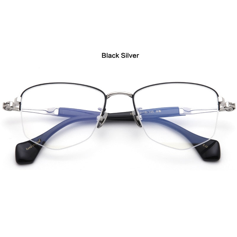 Muzz Unisex Semi Rim Square Hand Crafted Titanium Acetate Frame Eyeglasses M1056 Semi Rim Muzz Black Silver  