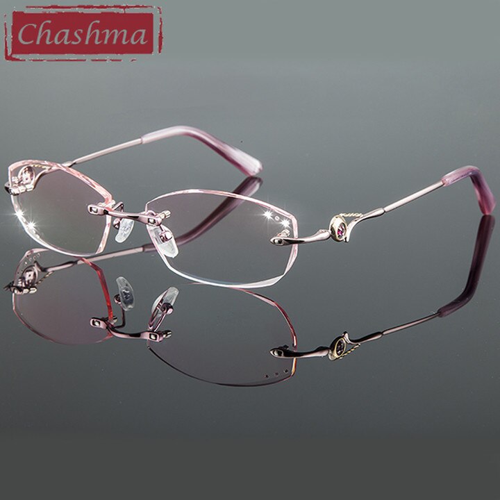 Women's Diamond Rimless Titanium Frame Eyeglasses 8007 Rimless Chashma Pink  
