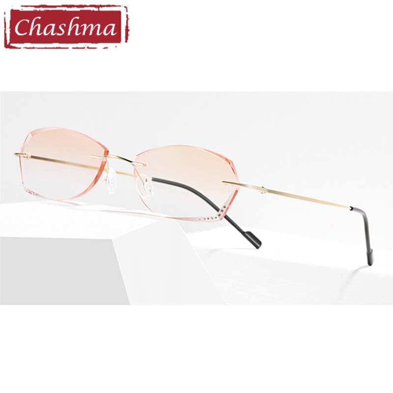 Women's Rimless Diamond Cut Tinted Lens Eyeglasses Titanium Frame 6074-9066 Rimless Chashma Gold Brown Fold  