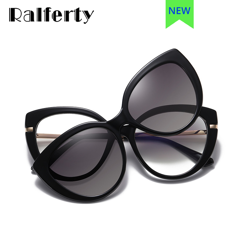 Ralferty Clip On Sunglasses Women Cat's Eye Glasses Anti Blue Light F95336 With Clip Ons Ralferty   